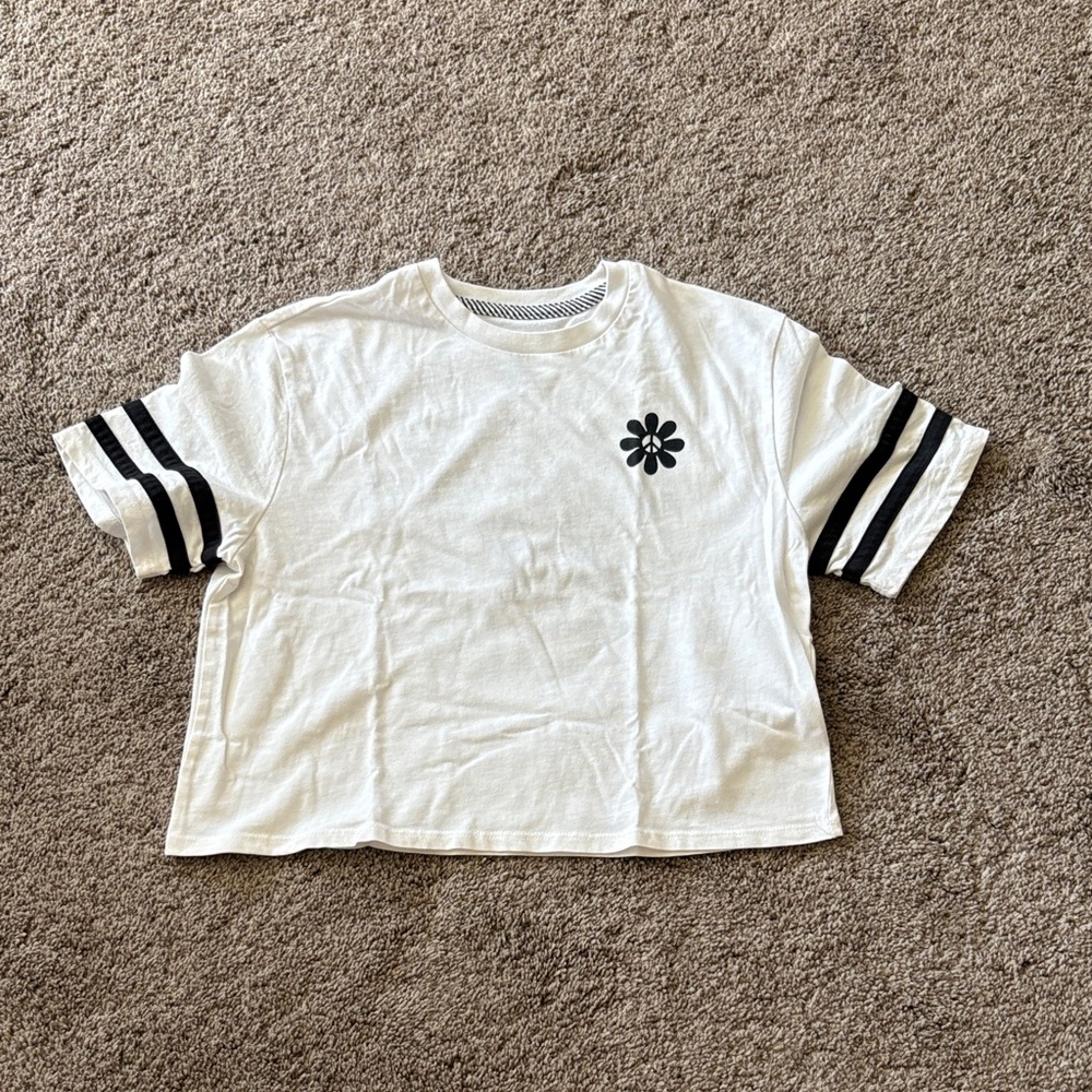 Volcom White Tee with Black Stripes and Floral Accent
